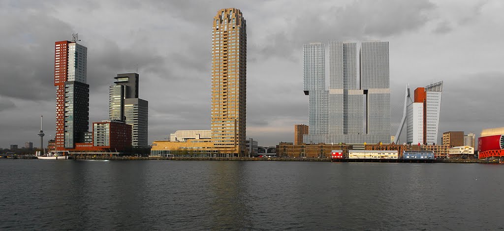 The WILHELMINA-PIER,(L to R)Montevideo, Rotterdam port Authority,New orleans, The Rotterdam building,KPN building, Luxor Theater.left on background the Euromast. by Feika