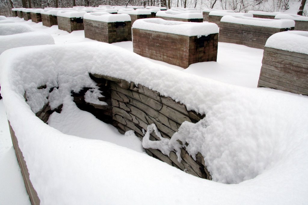 Forty-five chambers of western red cedar, rubber, concrete, and ferrous metal: veiwpoint from chamber #1, with February snowfall by Ryan Calhoun