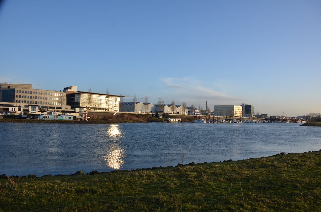 New harbour along the Rhineriver Arnhem with offices along the quai. In the sunglow:Vivare housing corporation by Henq