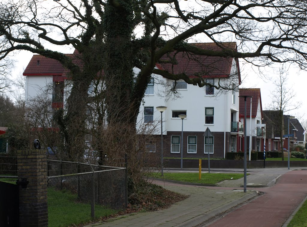 Appartementencomplex aan de Nieuwe Rijksweg 1 t/m 1h in Vries, op de locatie van het Café Restaurant "Quatre Bras" annex slijterij van Henderikus Pranger, later van Ubel Tolner. De architect is Emile Koopmans van Team 4 Architecten in Groningen. by Hans R van der Woude