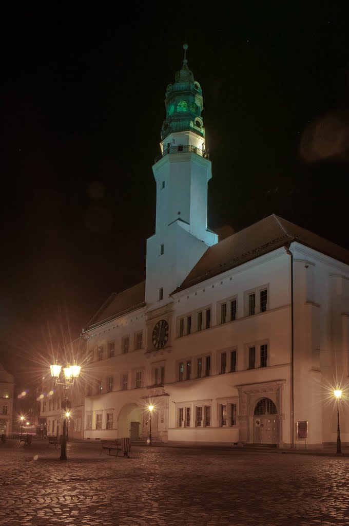 Town Hall in Lubań at Night by Krzysio Milewicz