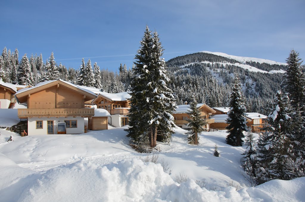 Panorama of the Holydaypark Koenigsleiten with nice snow covered mountains by Henq