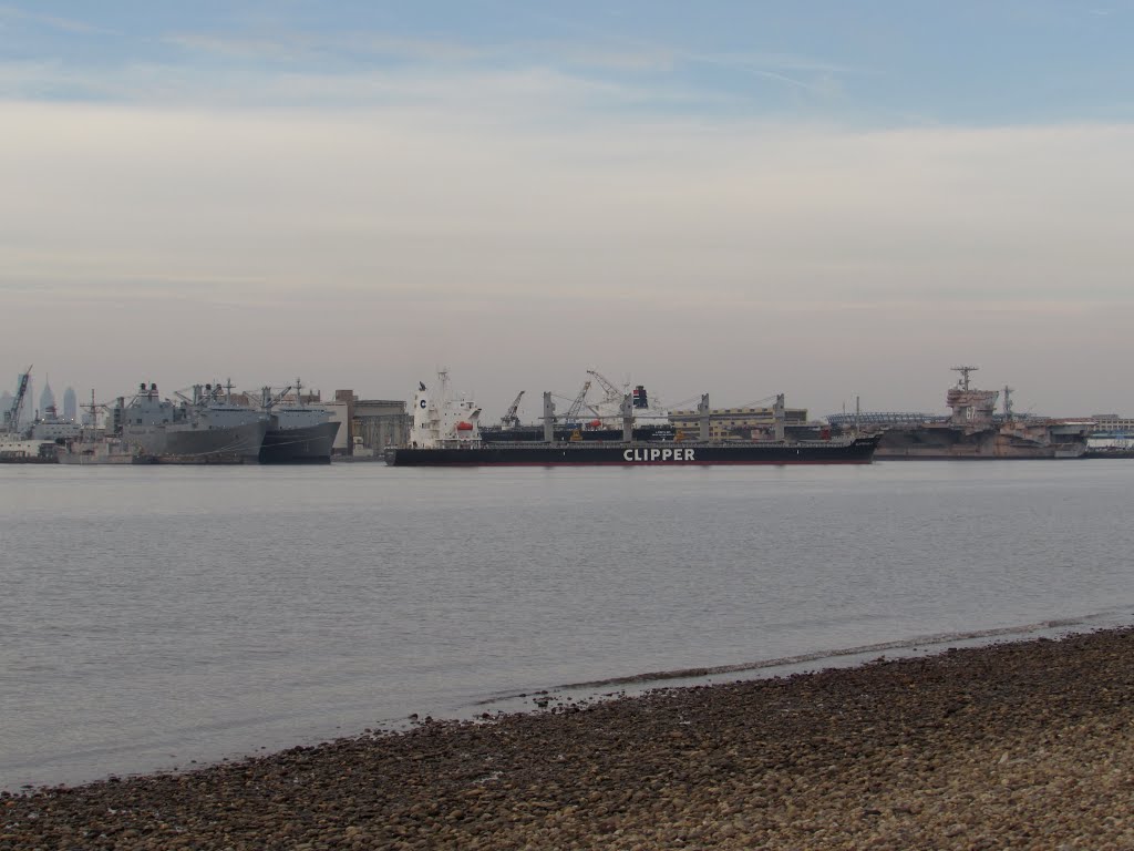 Cargo Ship Passes Philadelphia Naval Yard by Chris Sanfino