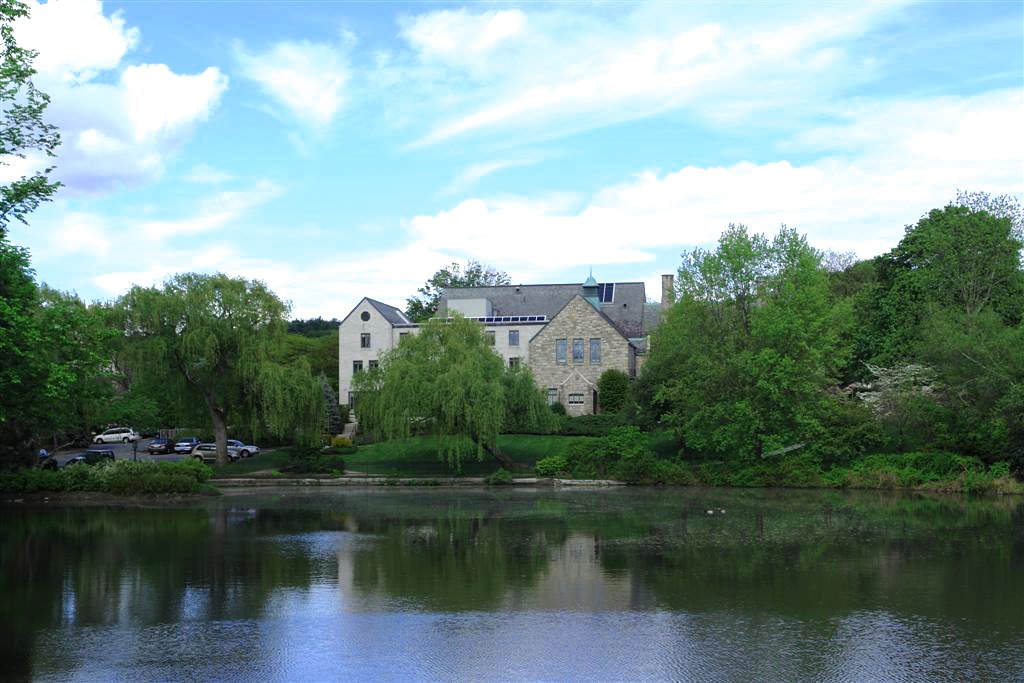 View of Mill Pond and rear of the Winchester Library - Winchester, MA by John M Sullivan