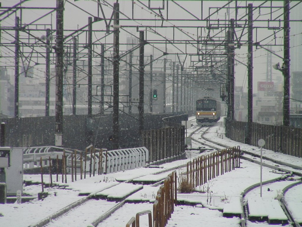 Musashi-Nakahara station in the snow by Calton