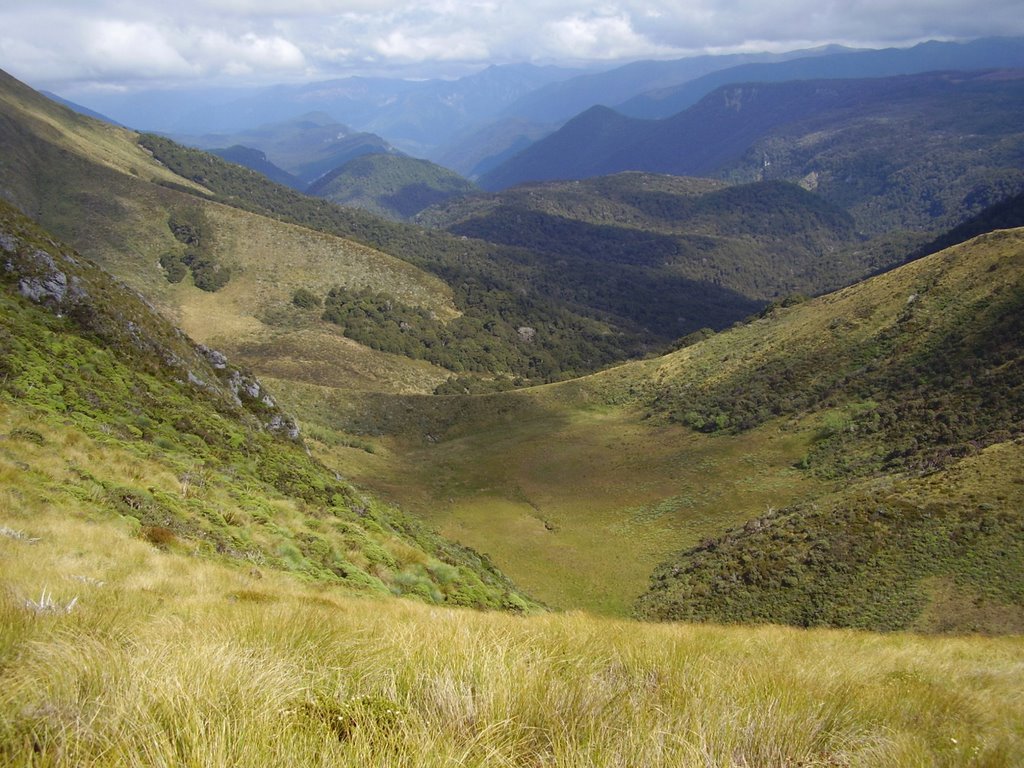 Looking down onto Leslie Karamea from Gordons Pyramid by Tapawera Settle