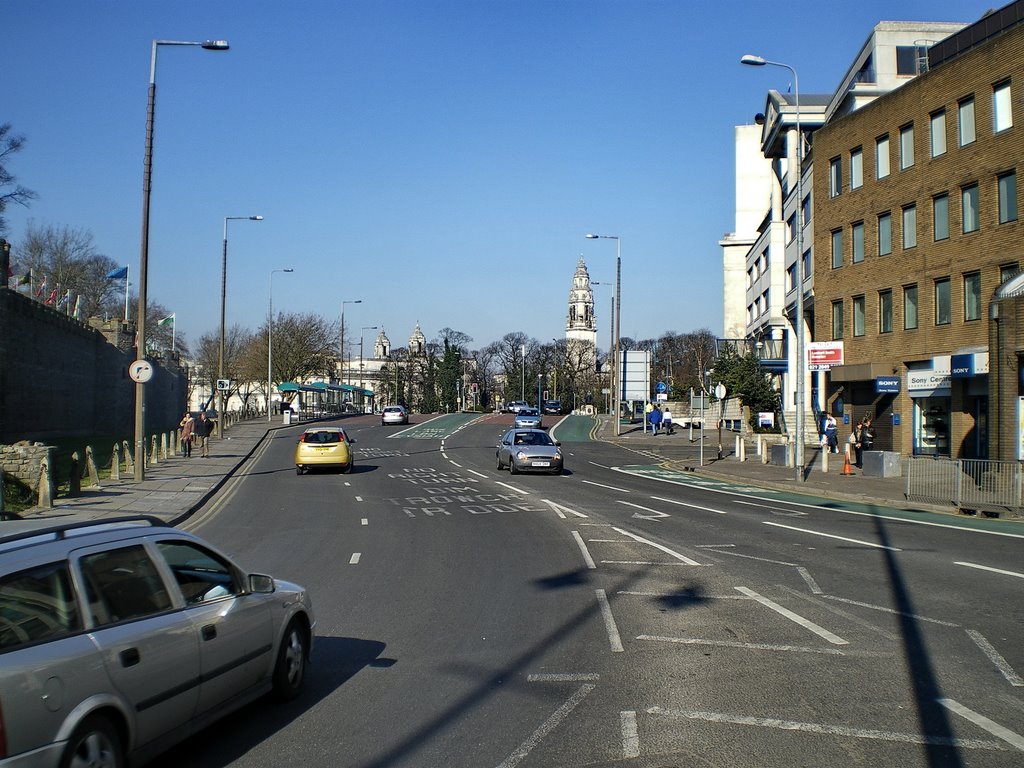 City hall Clock Tower, looking up Kingsway-North road by Gareth.Stadden