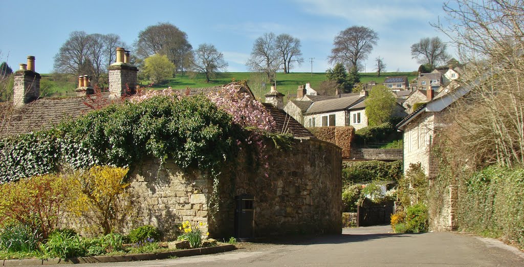 Panorama of a springtime village scene from the junction of The Nook/Old Hall Gardens, Stoney Middleton S32 by six45ive