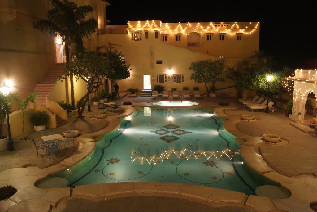 Samod Palace by night - pool, Samod, India by Webley