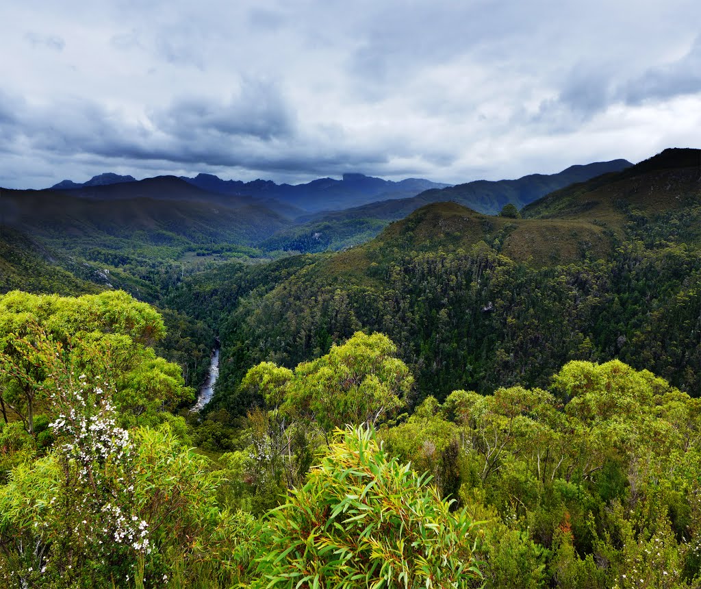 Franklin River below and Frenchman's Cap at distant center by moosefly24