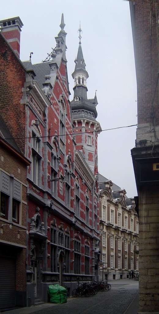 De Jodenstraat met links het voormalig postgebouw en verderop het gerechtsgebouw. by Johan Byloos