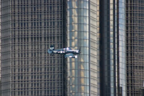 Corsair Flying In Front Of The Renaissance Center During Red Bull Air Race, June 1st, 2008 by jsburton