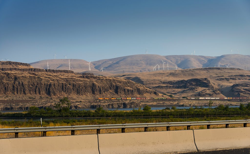 Train & windmills from the columbia river highway by Karen Granoski