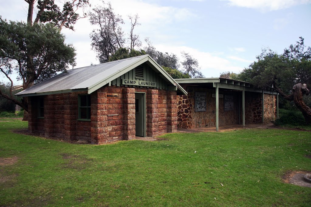 Former Camp Laundry and Moorooduc stone toilet block (2014). After the camping ground's closure in 1985, the area was re-developed as the Balcombe Estuary Reserve. by Muzza from McCrae