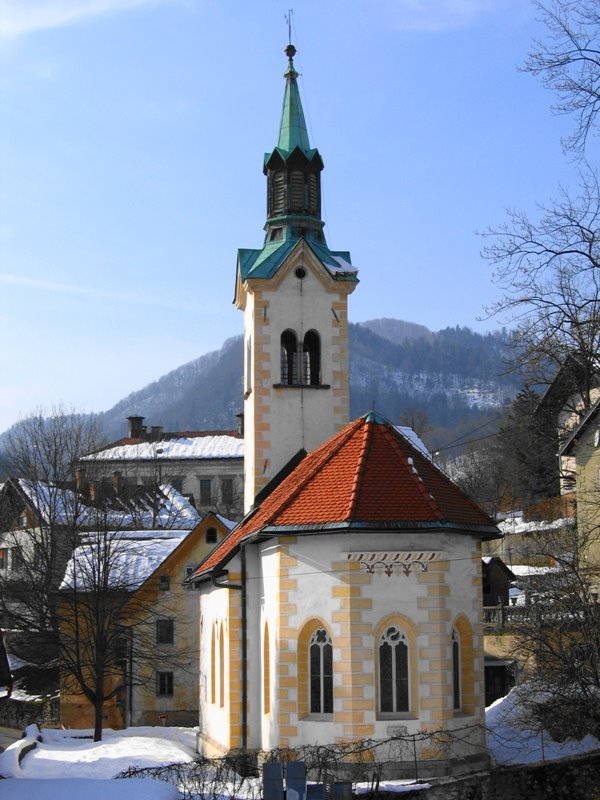 Idrija - Cerkev Svete Trojice - Holy Trinity church, the oldest church in Idrija, place where mercury is said to have been discovered - Kirche der Hl. Dreifaltigkeit, die aelteste Kirche in Idrija, auf der Stelle wo Quecksilber entdeckt wurde by Idrija Turizem