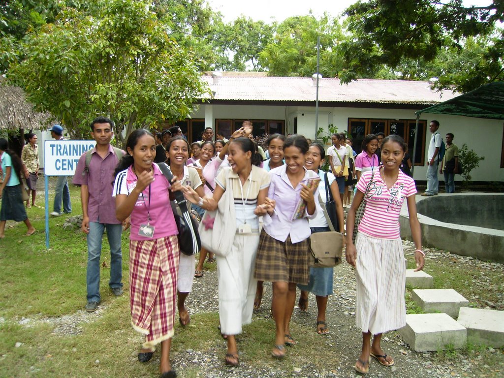 Excited trainee peacebuilders leave a day's training at World Vision Office, Dili, Timor Leste by Peacebuilders Intern…