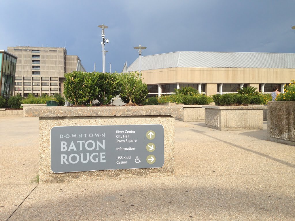 Downtown sign with River Center in background by Blair L