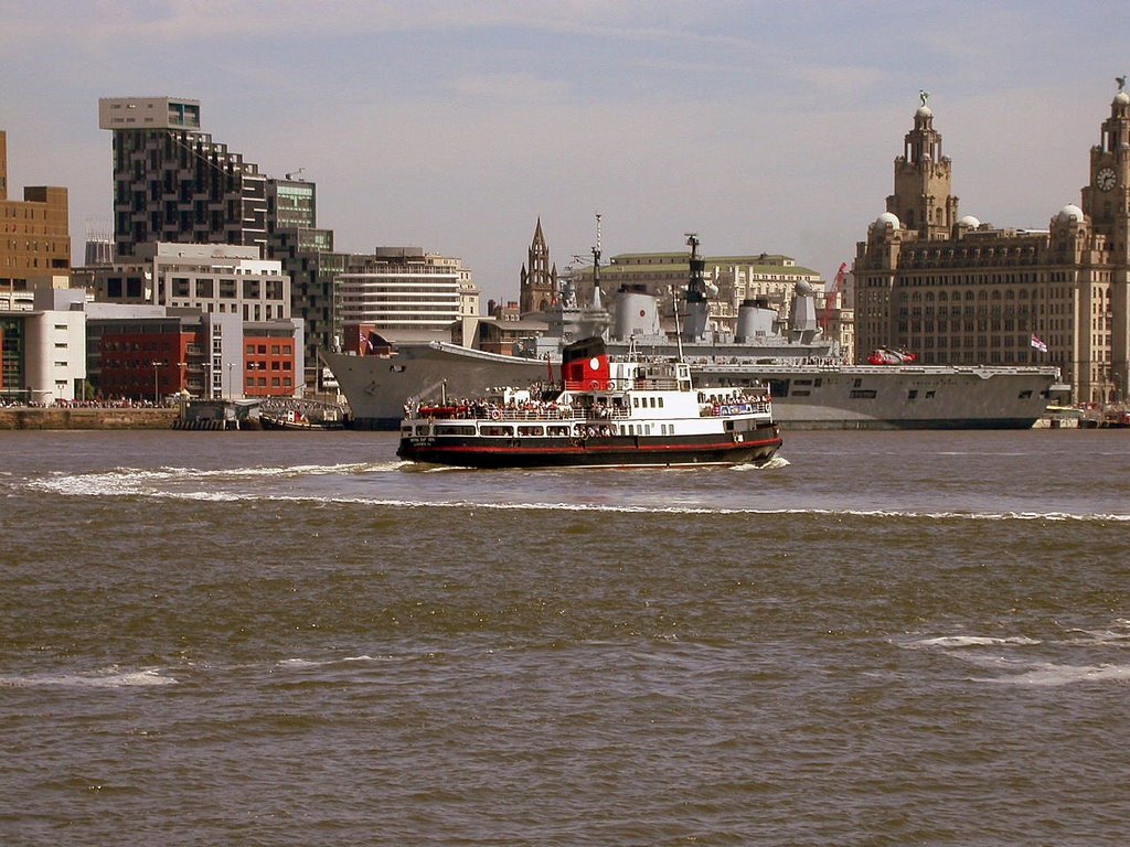 Liverpool Waterfront with the Ark Royal and the Mersey Ferry by Mike Insley