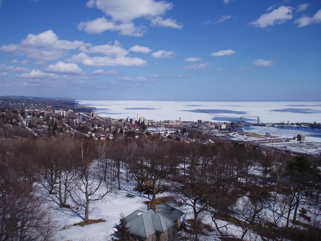 Downtown Duluth, Lift Bridge & a frozen Lake Superior from Enger Tower by bob19