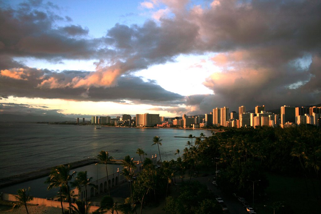 Sunset over Natatorium and Waikiki, from New Otani Hotel by geo_maria