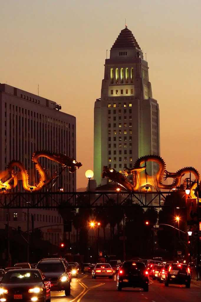 Dragon over Broadway, Chinatown Entrance, Los Angeles City Hall by Buz Carter