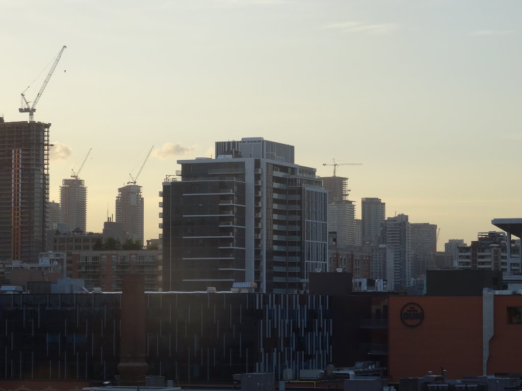 Distant construction cranes, on Toronto's skyline, at dusk, 2015 05 25 (1).JPG by OldYorkGuy