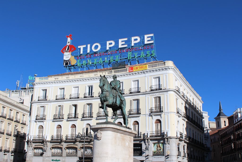 King Carlos III Memorial at Peurto del Sol with Tio Pepe advertising in the background in Madrid, Spain. by Red Meadows