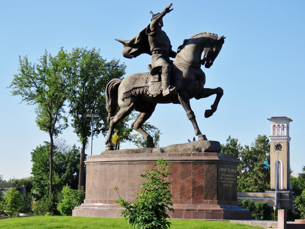 Statue of Amir Temur at Amir Temur Square with Clock Towers at the background, Tashkent by Peter F C Mok