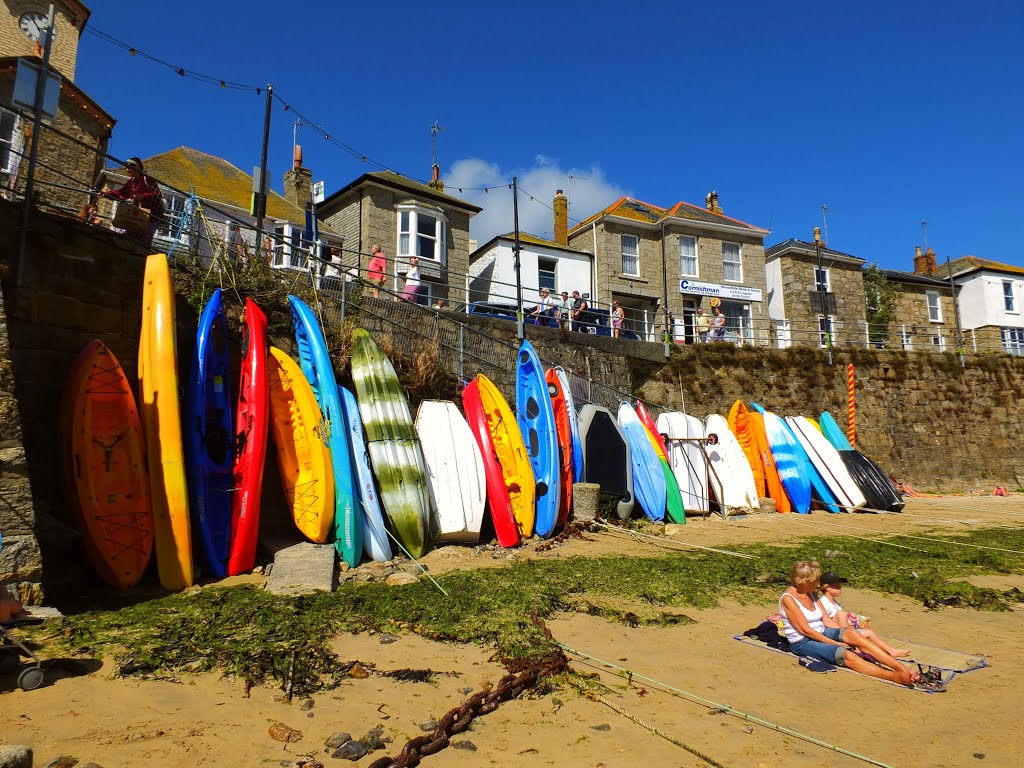 UK_England_Cornwall_Mousehole_small and colorful boats and surfboards on the beach_DSF0491 by George Charleston