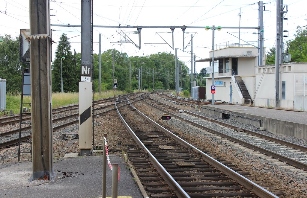 Mouchard (39) 19 juin 2015. La gare. Embranchement vu en direction de Dole et Besançon; à gauche vers Lyon, à doite, vers Champagole, Pontarlier et la Suisse. by Jean-Pierre Cavatz