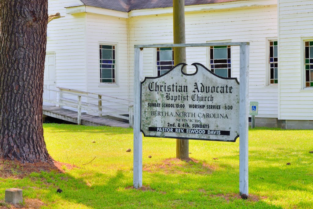 NORTH CAROLINA: CURRITUCK COUNTY: POPLAR BRANCH: BERTHA: Christian Advocate Baptist Church, 5855 Caratoke Highway road sign by Douglas W. Reynolds,…