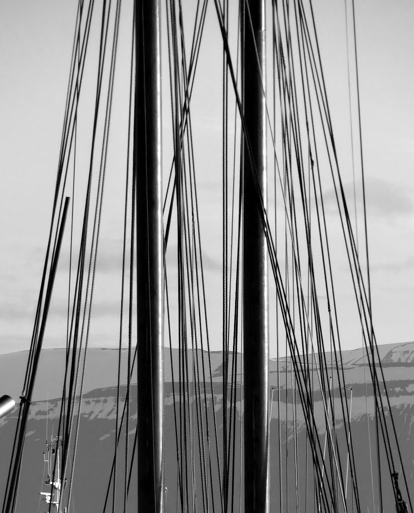 Masts and lines in the port at Húsavík, Iceland by John Eby