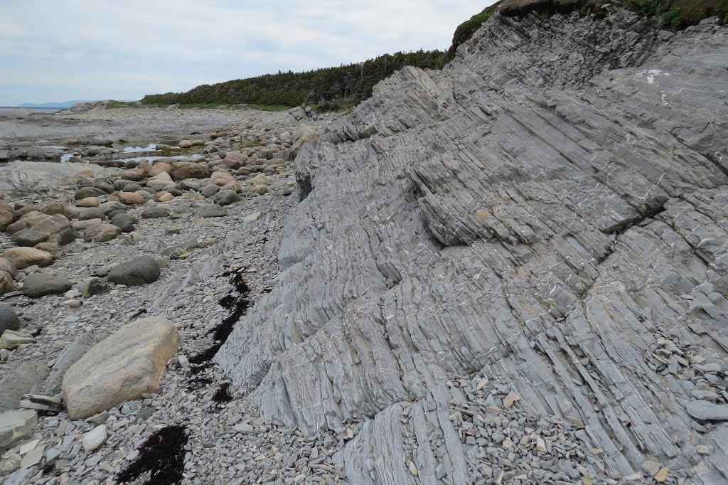 The bed rock is layered limestone, but the beach is covered with granite glacial erratic rocks from else where. by Steve Manders