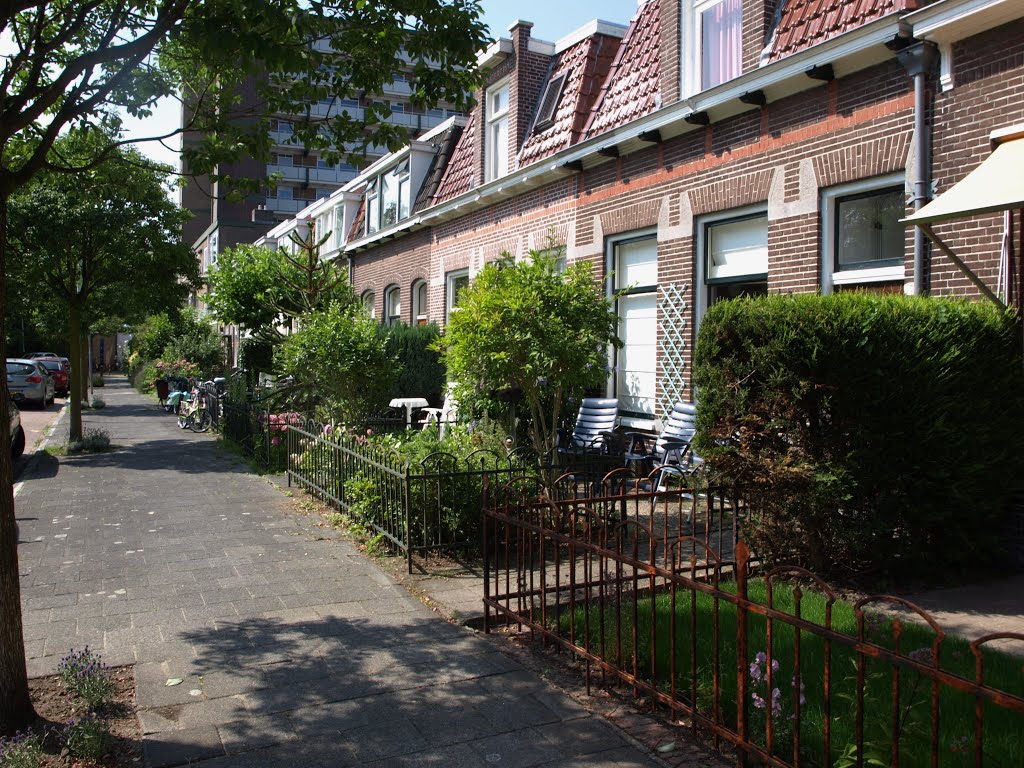 Woningen in de Piet Heinstraat 63-81 in de Zeeheldenbuurt in Groningen, in 1909 ontworpen door architect Piebe Belgraver (1854-1916). De rest van de straat is in 1974/76 gesloopt t.b.v. de uitbreiding van de Tabaksfabriek Koninklijke Theodorus Niemeyer. Op de achtergrond de galerijflat "Admiraal de Ruyter" aan de Peizerweg 68, in 1960 ontworpen door het Architectenbureau Frans Klein (1918-1973), i.o.v. de Coöperatieve Woonvereniging voor personeel van Handel en Nijverheid Admiraal de Ruyter; deze galerijflat maakt deel uit van een complex van vijf woongebouwen langs de Peizerweg; op deze locatie stond de lakfabriek van R. Kranenburg. by Hans R. van der Woud…