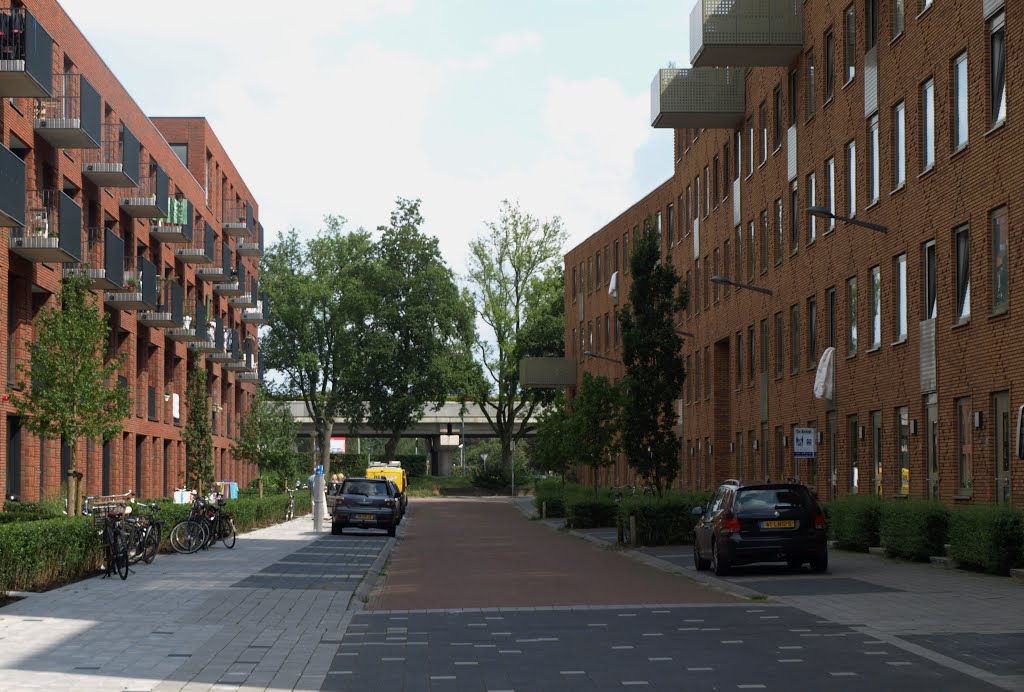 Nieuwe wooncomplexen in de Grunobuurt in Groningen. Links het woonblok "Typhoon" aan de James Wattstraat-Grunostraat, van het Architectenbureau De Zwarte Hond. Rechts het woonblok "Statie", ontworpen door het Architectenbureau Maccreanor Lavington; ook het blok "Traverse" aan de Westinghousestraat-Paterswoldseweg is van dit bureau. In de verte het Emmaviaduct. by Hans R. van der Woud…