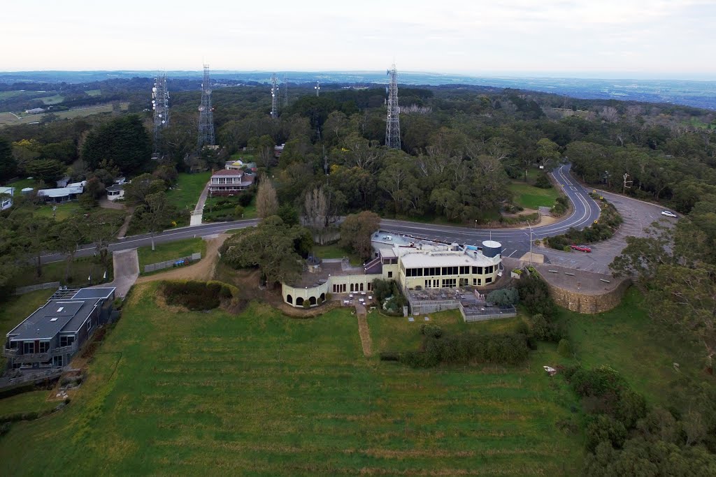 Arthurs Seat (2015) - showing Arthurs Restaurant and the communications towers. The new chairlift top station will be built on the area on the right. by Murray Adams