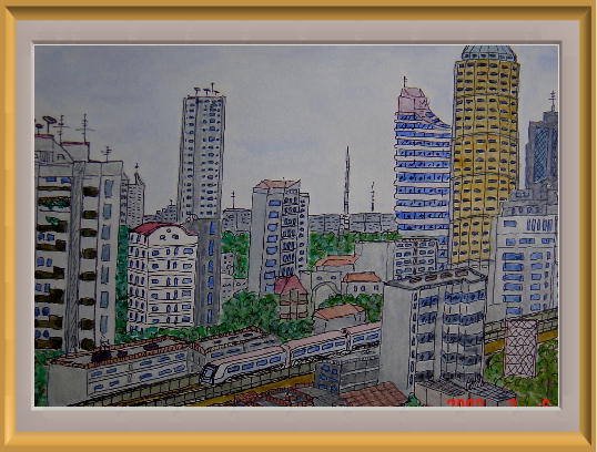 Sketch that saw Skytrain from Hotel of sukhumvit soi26. by Teruo Ohba