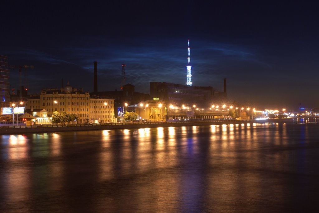 TV broadcasting tower at night by maxim k