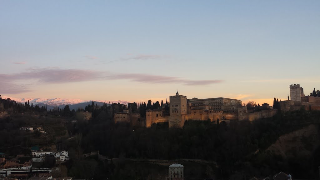 Alhambra at Dusk with Sierra Nevada Mountains by rancestoddard