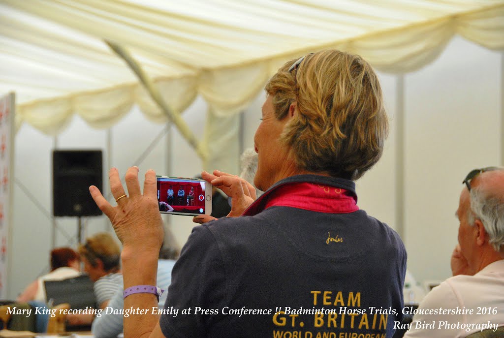 Mary King recording Daughter Emily at Press Conference, Badminton Horse Trials, Gloucestershire 2016 by Ray Bird