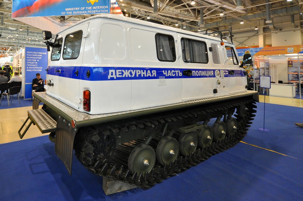 Backside of police van 1994-SDCH based on shassis terrain vehicle Uzola ZVM-2411 at Integrated Safety and Security Exhibition 2016 by IPAAT