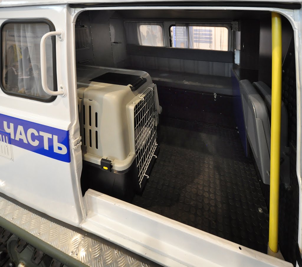 Interior of police van 1994-SDCH based on shassis terrain vehicle Uzola ZVM-2411 at Integrated Safety and Security Exhibition 2016 by IPAAT