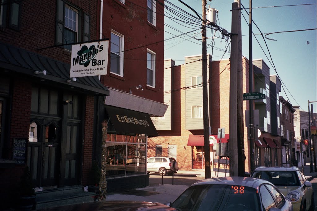 The old and the new cheek by jowl in Fishtown: Murph's Bar and East Girard Gastropub (!?!), Girard Ave. at Shackamaxon. (Oct.2014) by miklospogonyi