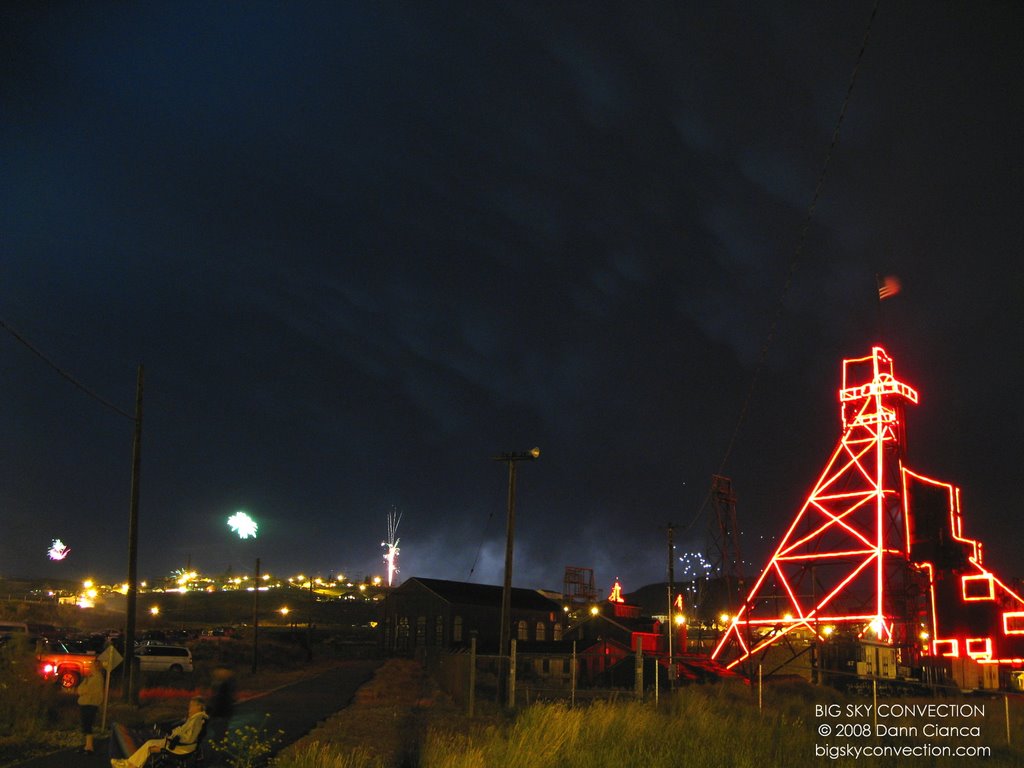 2008 - July 4th - 04:42Z - Looking ENE - Anselmo headframe with lightning-illuminated mammatus. by Dann Cianca