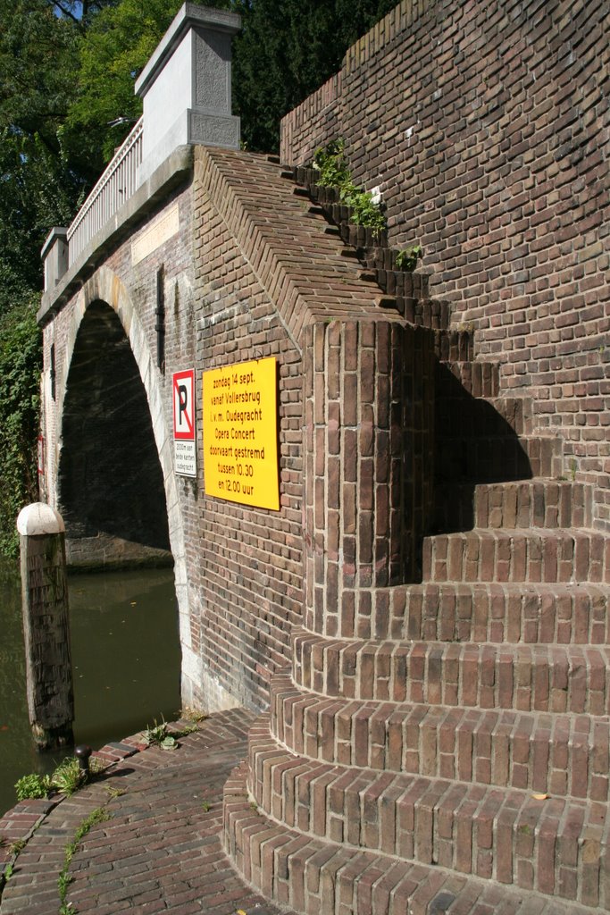 Stairway to a small bridge wharf and canal coagulation announcement; Utrecht by Carl030nl