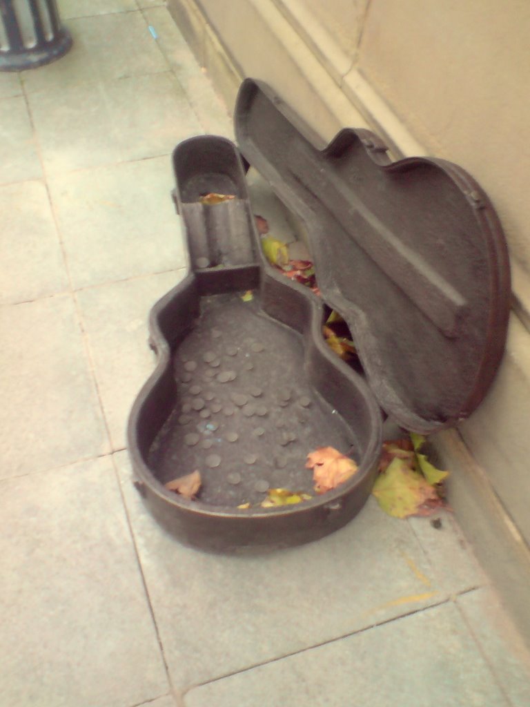 Bronze Guitar Case Sculpture, ASHTON UNDER LYNE, LANCASHIRE, ENGLAND, UK by mickaul