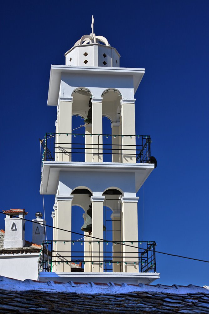 Church tower in Skopelos Town by Finn Lyngesen