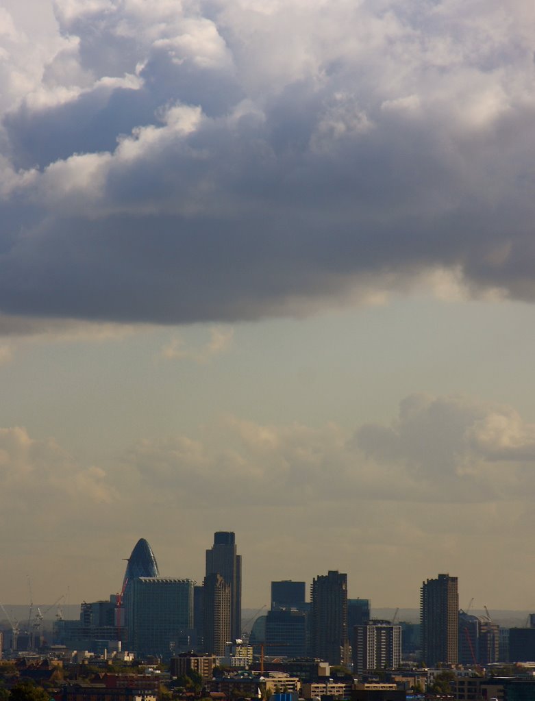 Dark clouds loom over the financial centre of The City of London (taken from Parliament Hill) by © Greengage