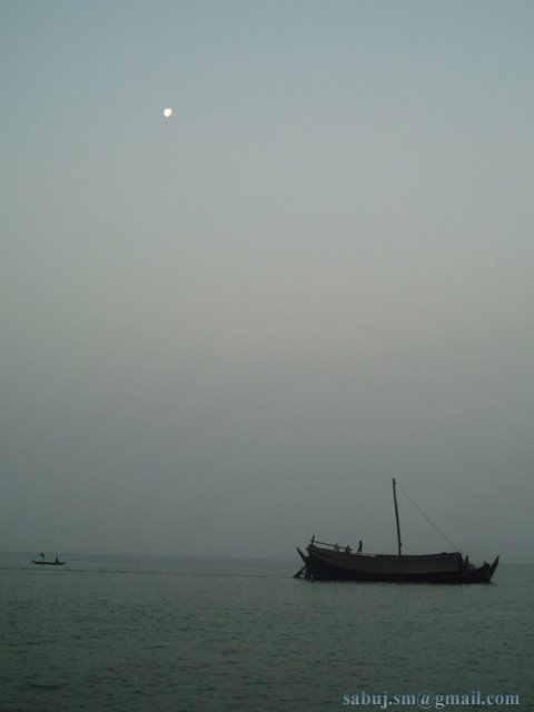 Boat and Moon in Meghna river in the early morning by Raihan Sabuj