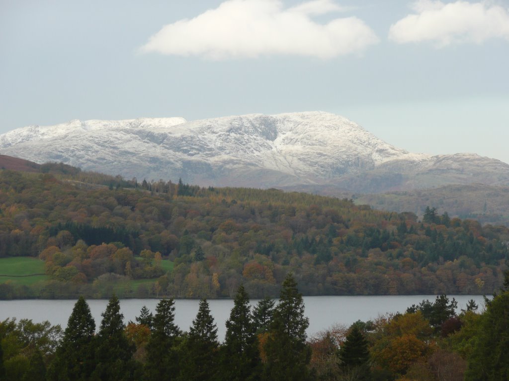 Autumn trees and the Old Man of Coniston in the snow by MHCharlton